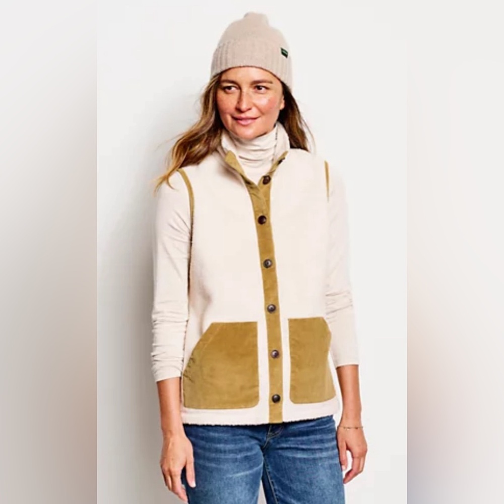 Orvis Sherpa Heritage Vest Warm Cream Tan Corduroy Trim Size XS